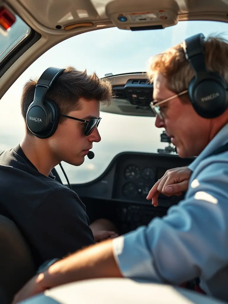 A high-quality photo of a student pilot in the cockpit of a small aircraft, receiving instruction from a certified flight instructor at the Aero Club de Saintes, showcasing the personalized training environment.
