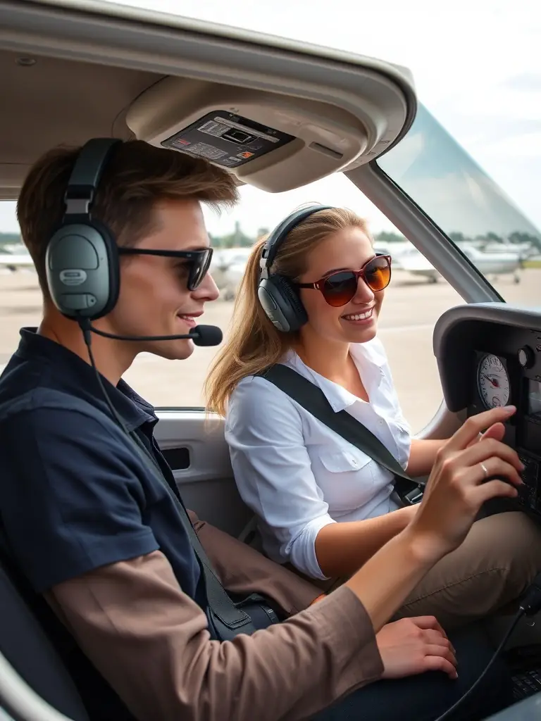 A student pilot in the cockpit of a small aircraft, receiving instruction from a certified flight instructor, with the airfield and other planes visible in the background, emphasizing hands-on learning.