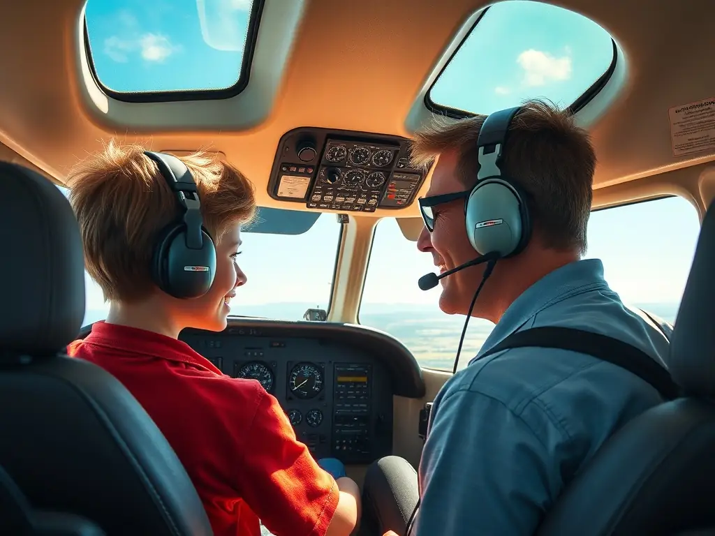 A vibrant image depicting a student pilot in a training session, with an instructor guiding them through the basics of flight in a Cessna 172 aircraft at the AERO CLUB DE SAINTES airfield.