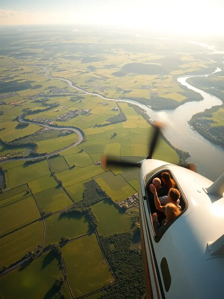 An image of a group of people participating in a discovery flight program at the Aero Club de Saintes, with the aircraft soaring over the scenic landscapes of Saintes.