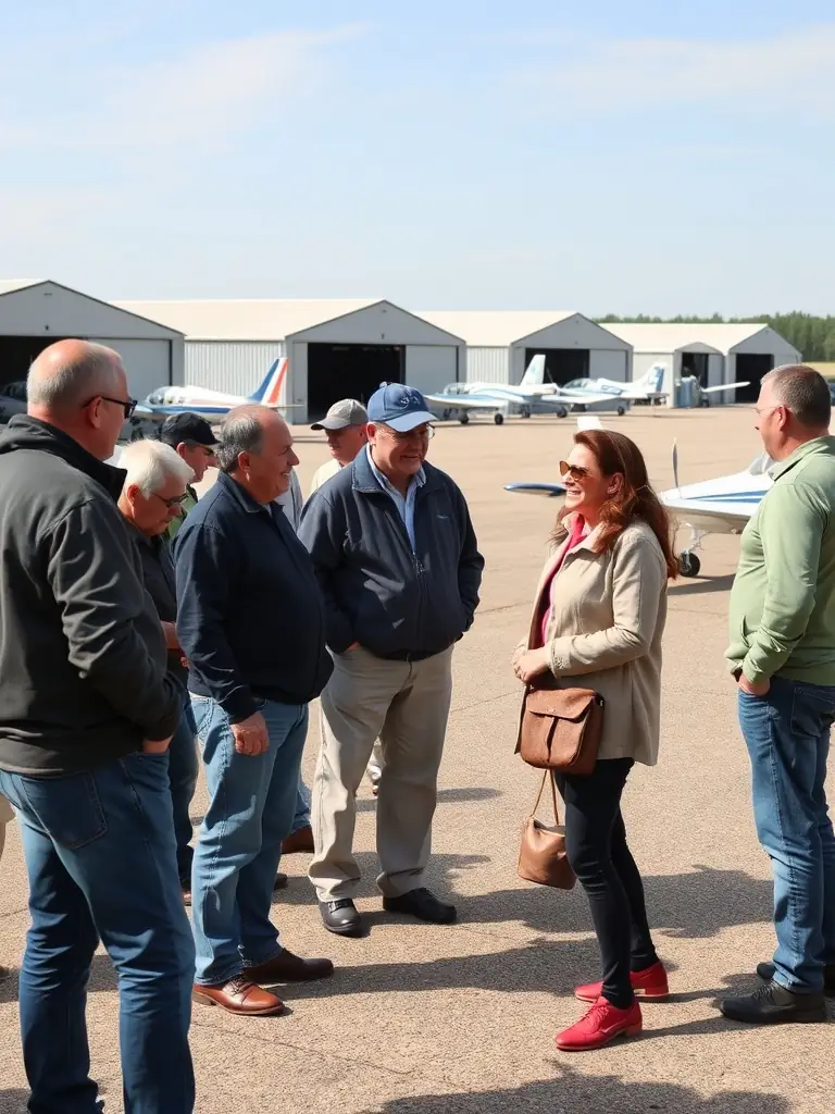 A diverse group of Aero Club de Saintes members gathered at the airfield, some inspecting aircraft, others chatting and laughing, illustrating the inclusive and welcoming atmosphere of the club.