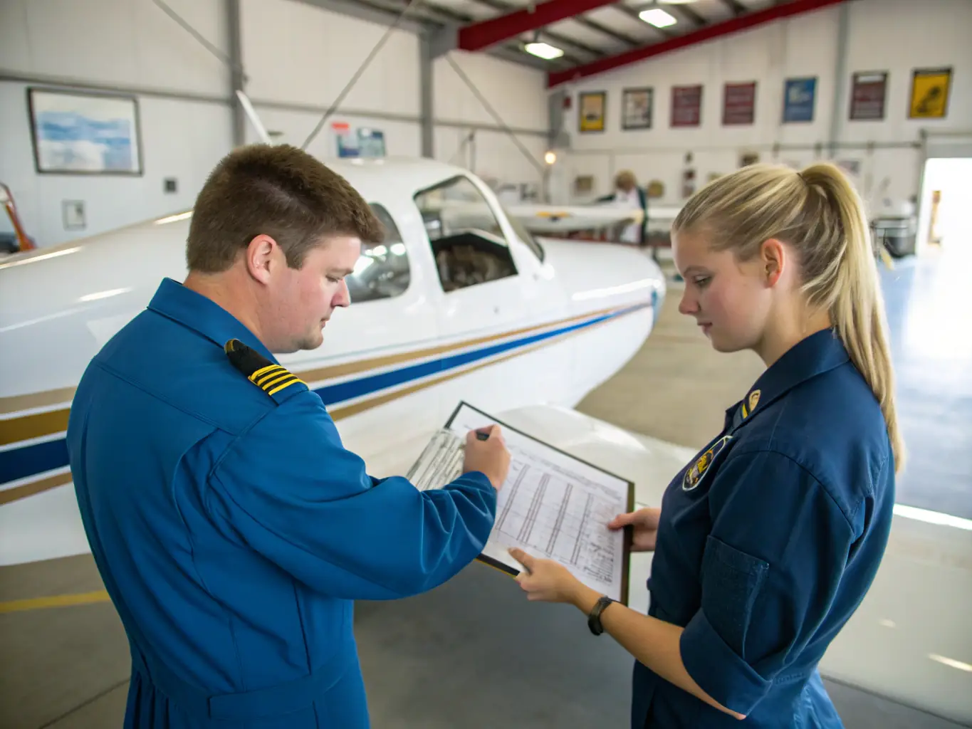 A dynamic image of a student pilot in the cockpit of a light aircraft, receiving instruction from a certified flight instructor at AERO CLUB DE SAINTES. The focus is on the hands-on learning experience and the modern avionics.