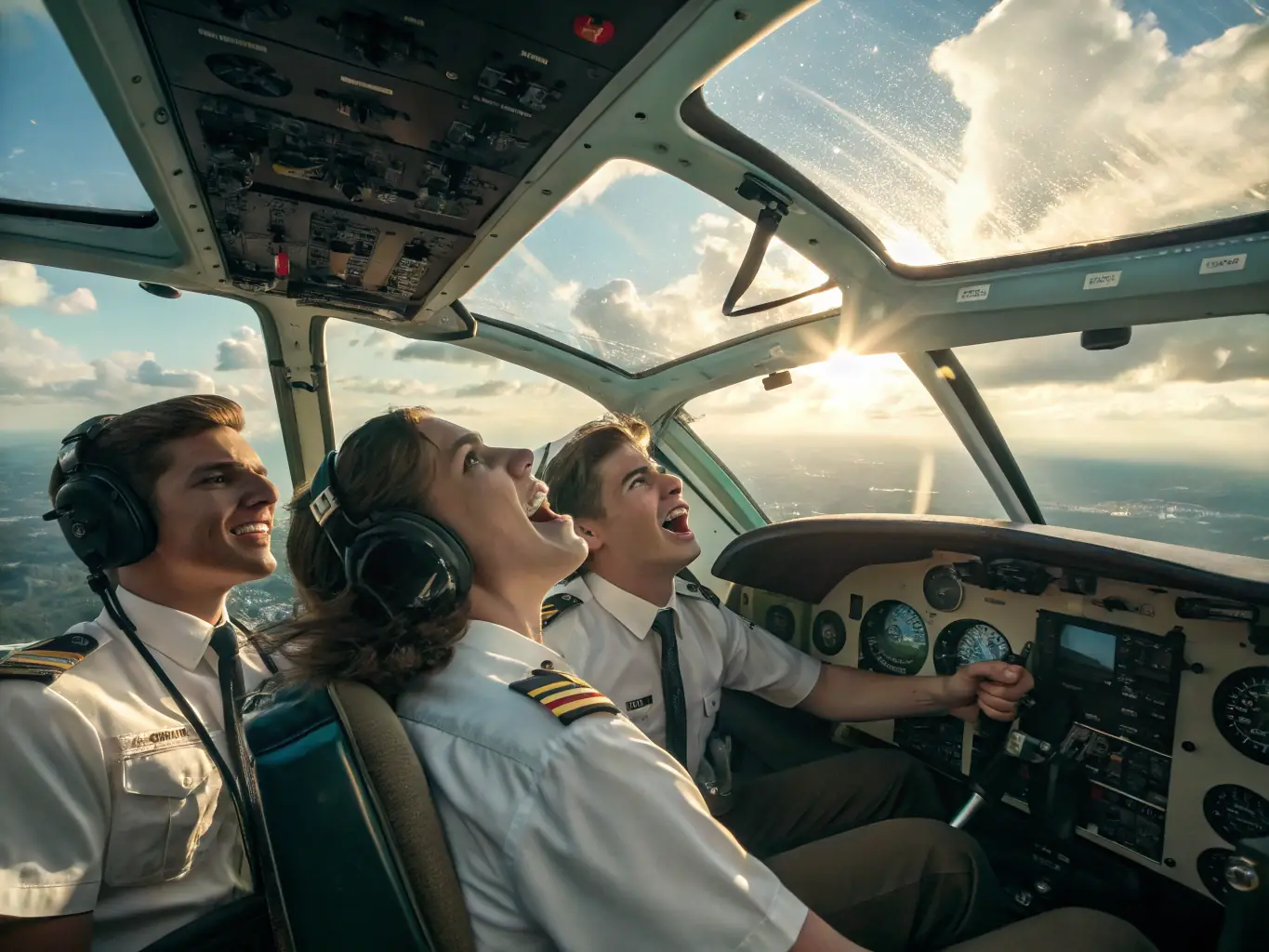 An inspiring image of a group of people participating in a discovery flight, soaring over the scenic landscapes near Saintes in a light aircraft. The image captures the excitement and wonder of flight.