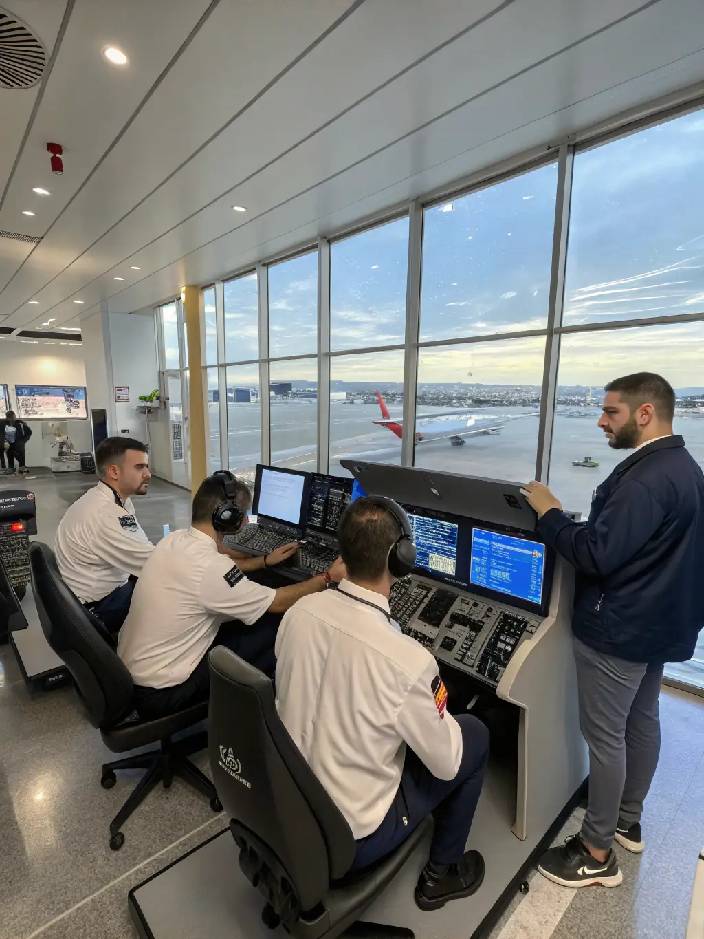 A modern flight simulator setup with a pilot using it, displaying realistic graphics and controls. The image emphasizes the advanced technology and training resources available at the Aero Club de Saintes.