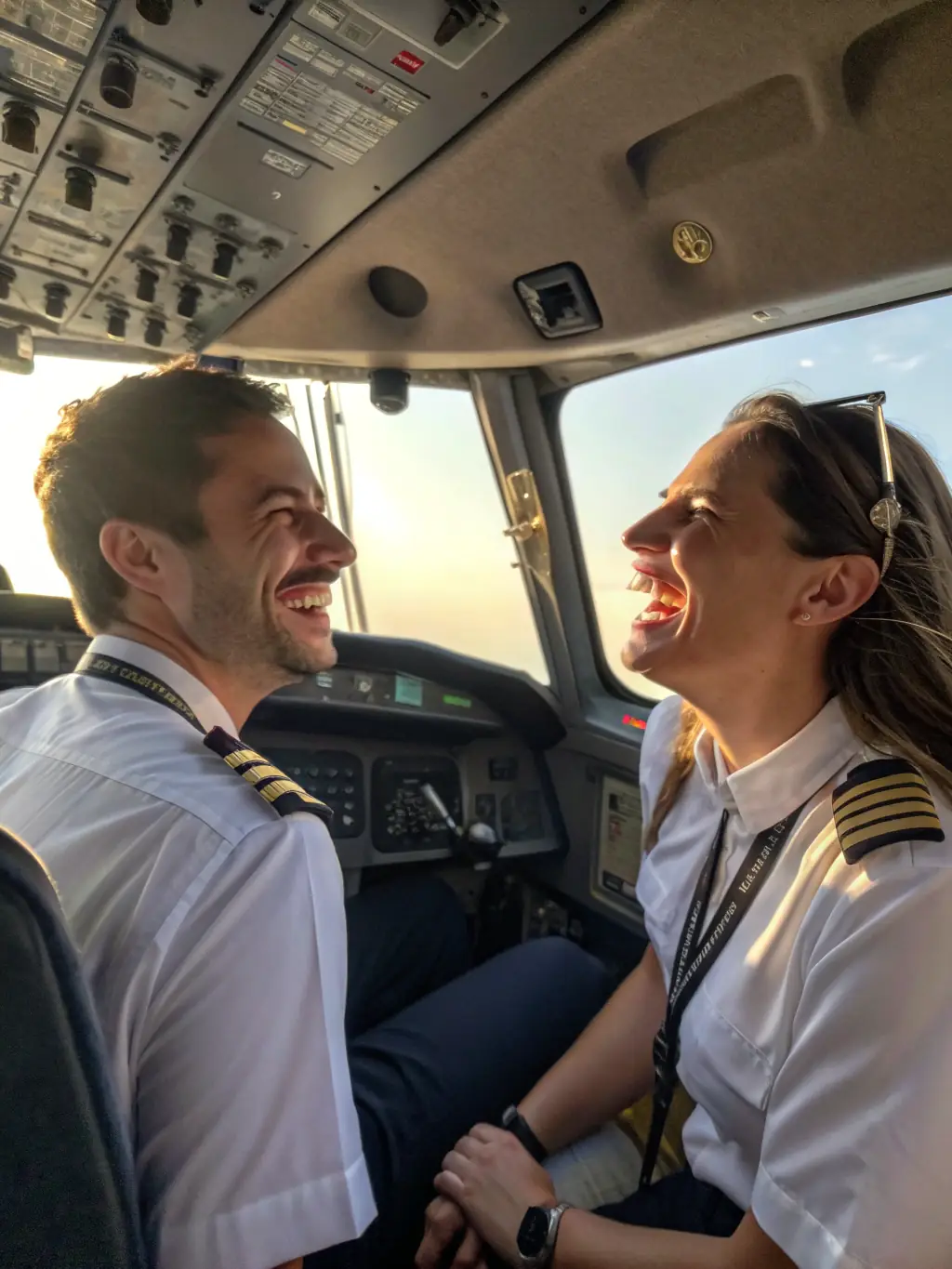 A close-up shot of a student pilot in the cockpit of a small aircraft, smiling and looking confident, with the instructor beside them, both wearing headsets. The focus is on the student's positive experience and the quality of instruction.