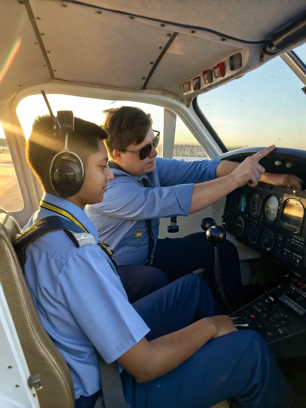 A close-up shot of a student pilot confidently operating the controls of a small aircraft during a training session at AERO CLUB DE SAINTES, emphasizing hands-on skill development.