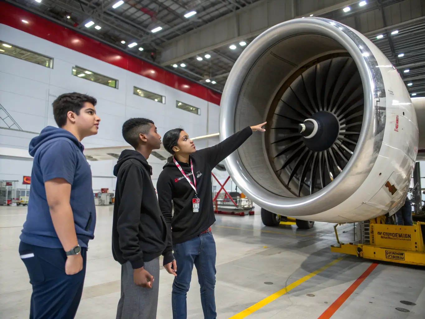 A dynamic image of a group of aviation enthusiasts participating in a workshop on aircraft maintenance, learning about the technical aspects of aviation at AERO CLUB DE SAINTES.