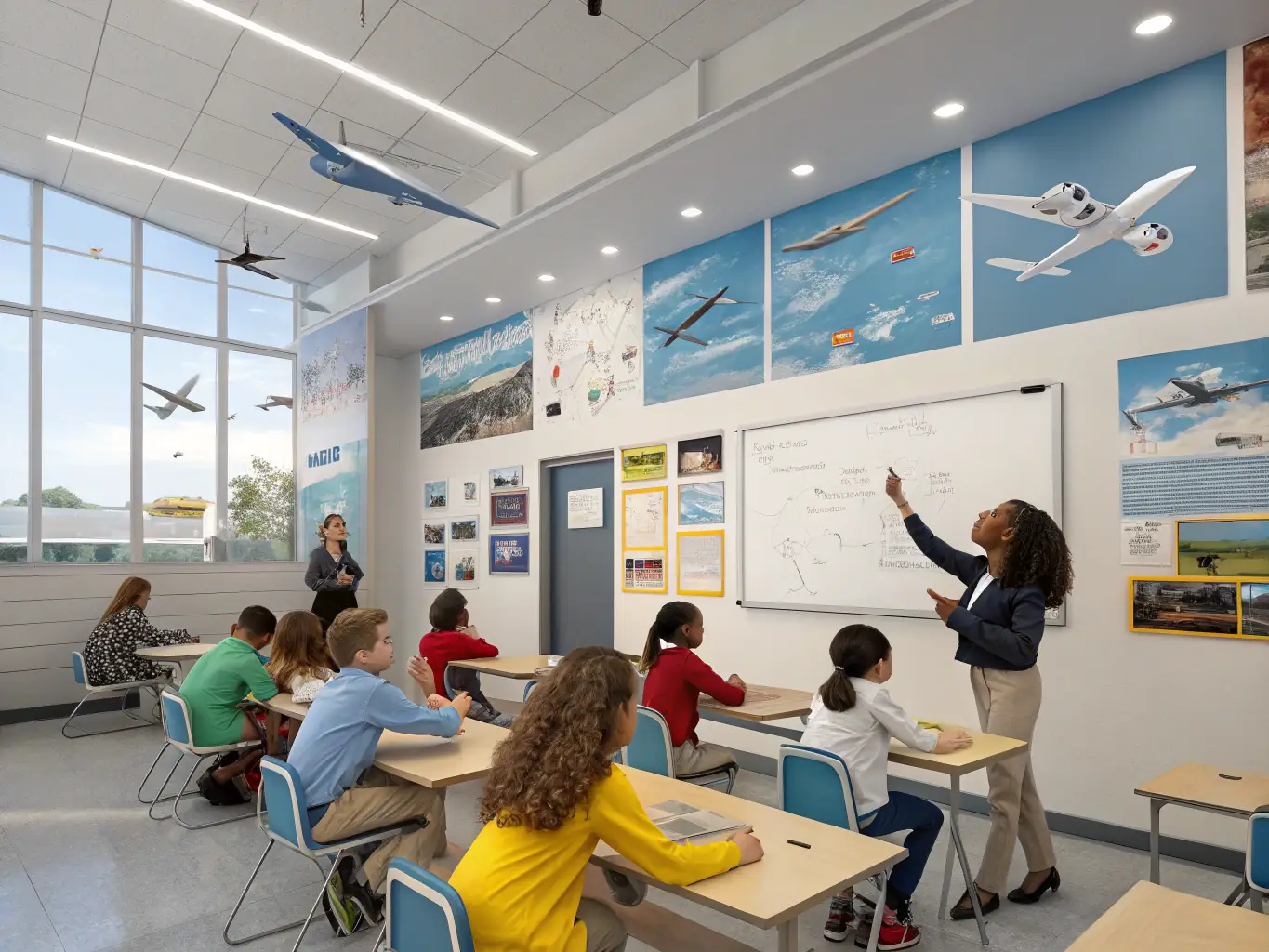 A classroom setting at the Aero Club de Saintes, with students engaged in a flight training session, emphasizing the club's dedication to aviation education.