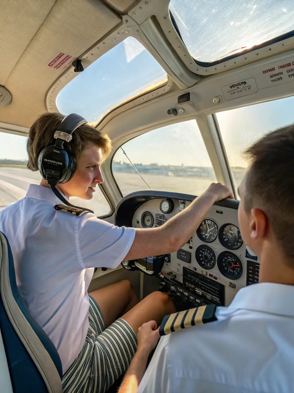 A high-angle shot of a student pilot in the cockpit of a small aircraft, receiving instruction from a certified flight instructor at AERO CLUB DE SAINTES, with the airfield and surrounding landscape visible in the background.