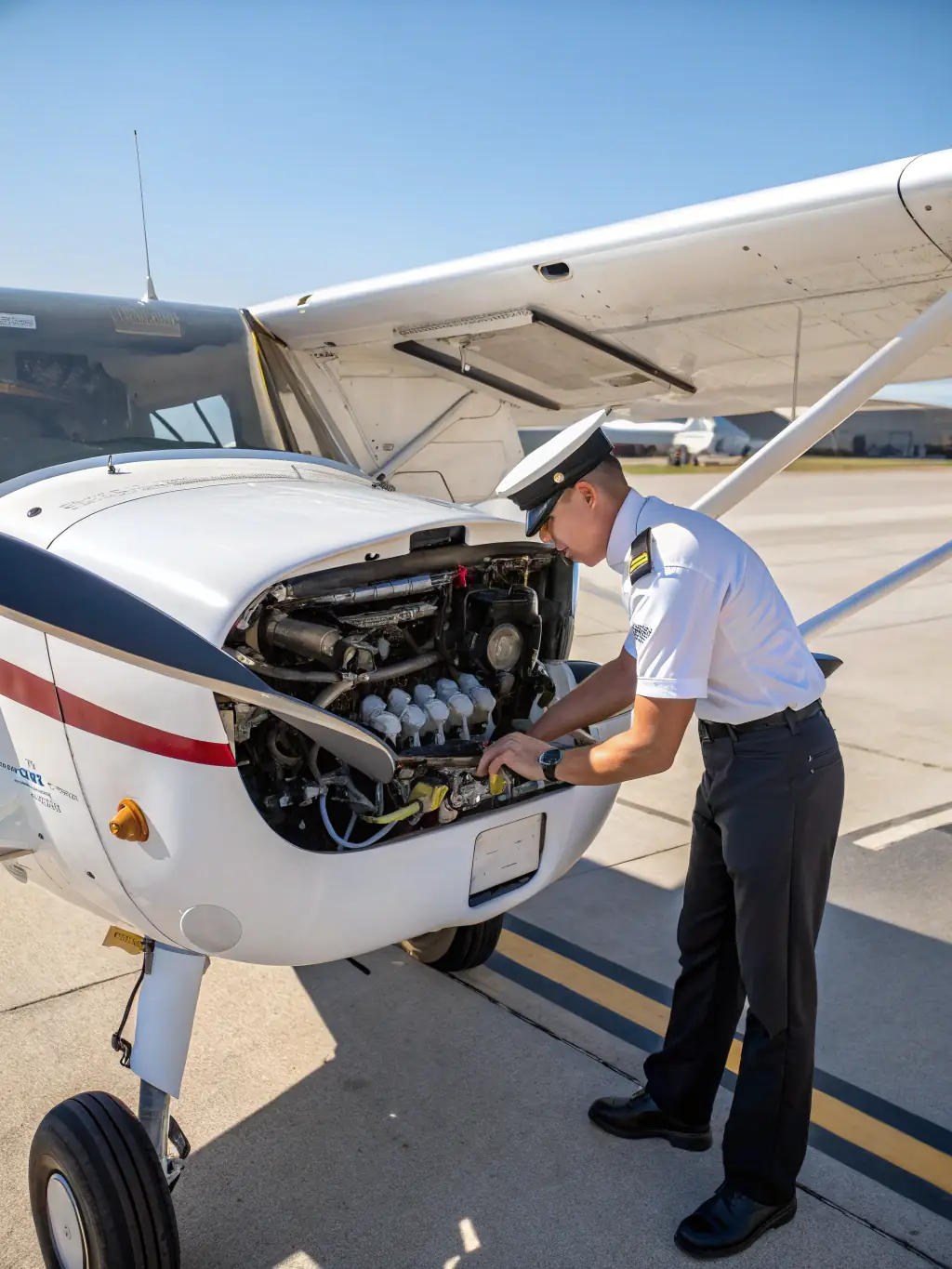 A photo of a flight instructor conducting a pre-flight inspection with a student at the Aero Club de Saintes, emphasizing the importance of safety and thoroughness in aviation.