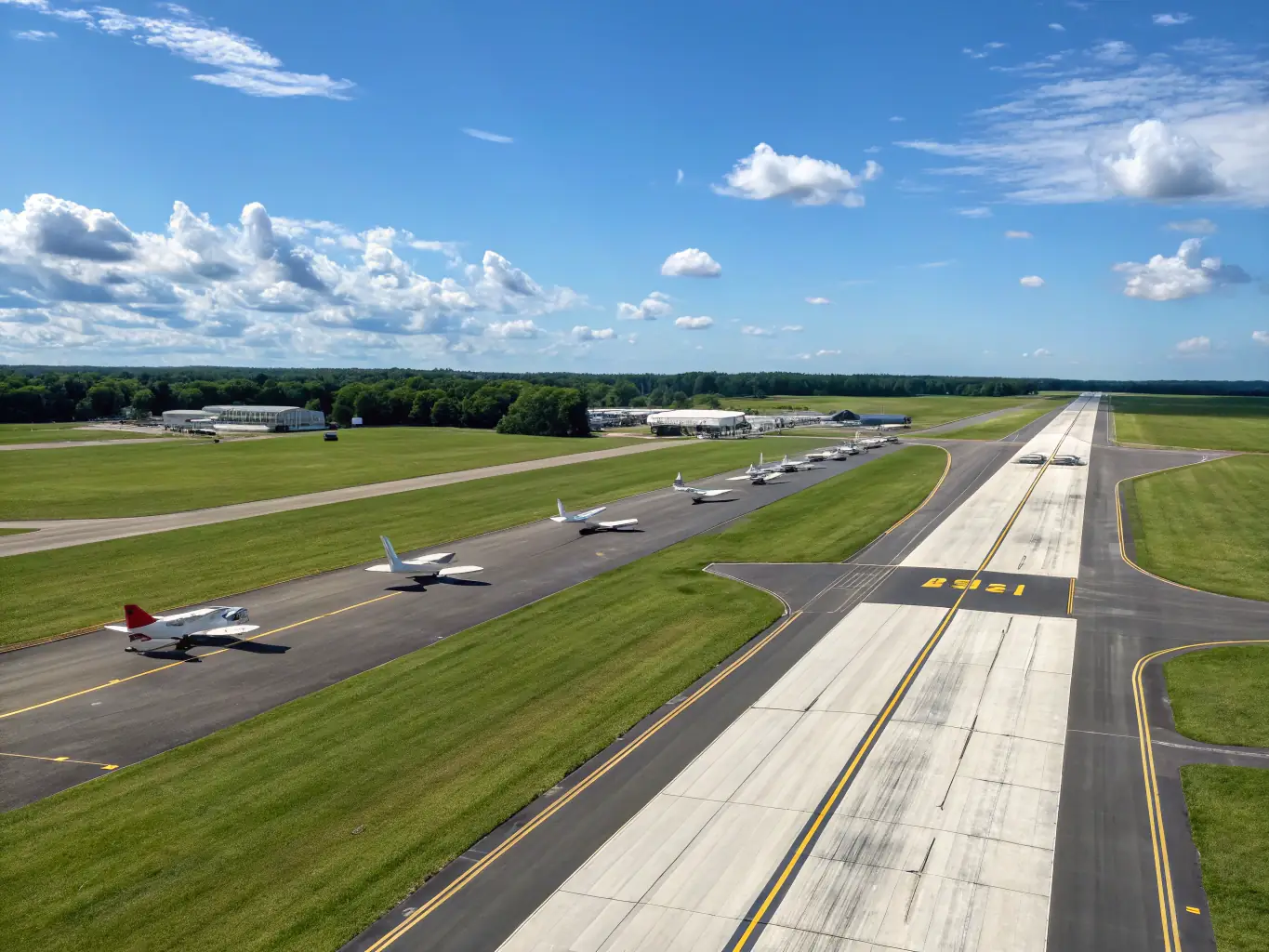 A wide, paved runway at the Aero Club de Saintes, with a small aircraft taking off in the background under a clear blue sky, showcasing the club's well-maintained airfield.