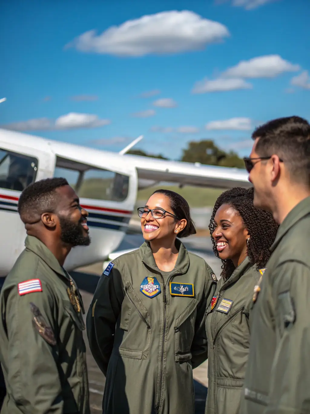 A group of people standing next to a small aircraft, listening to a briefing before a discovery flight, with smiles and excitement visible on their faces, highlighting the introductory nature of the program.