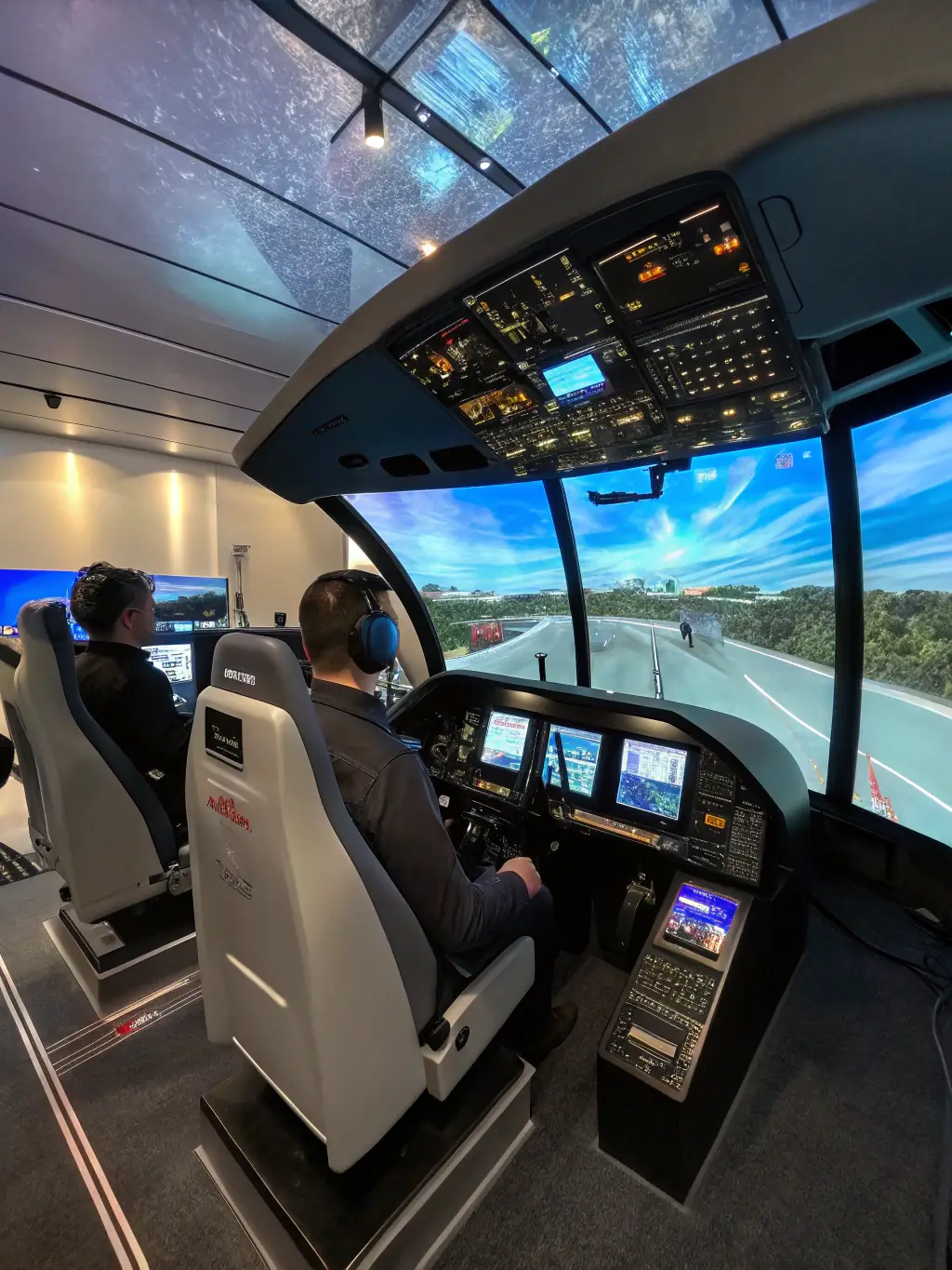 A modern flight simulator setup with realistic controls and displays, used for training pilots in various flight scenarios and emergency procedures, emphasizing the use of advanced technology.